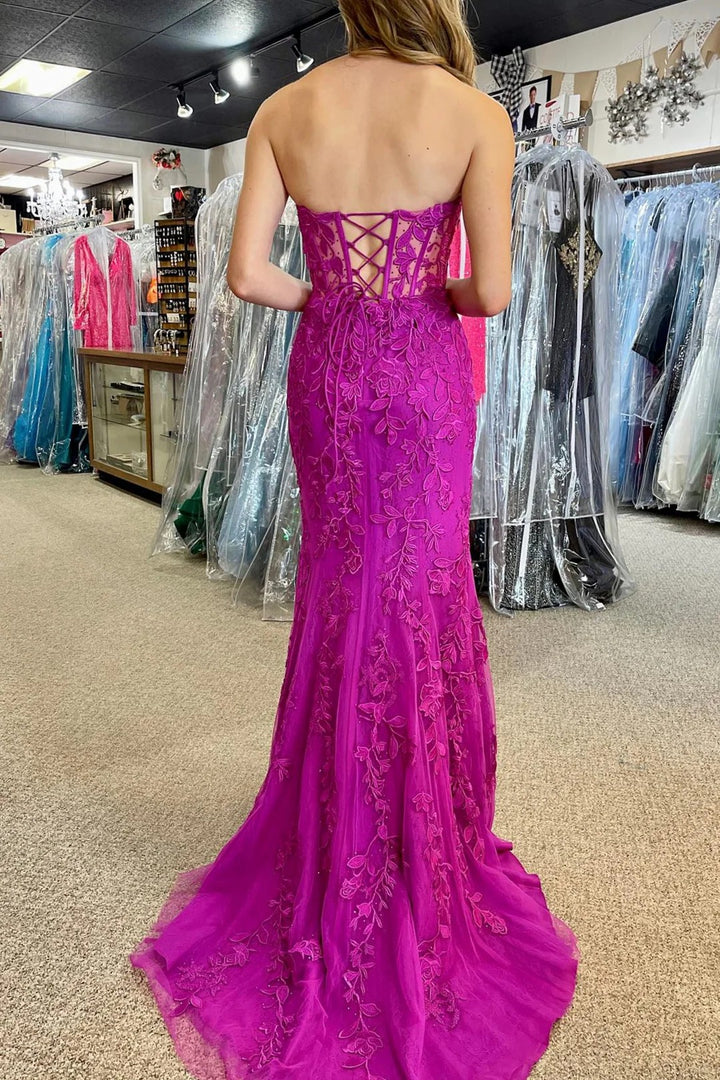 Lumidress Elegant Mermaid Strapless Prom Dress with Lace Appliques and Slit
