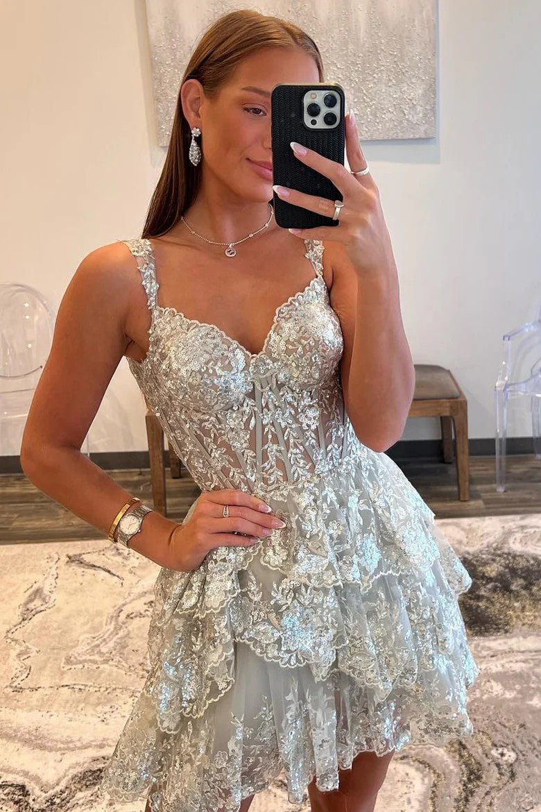 Lumidress Sparkling Sweetheart Tiered A-Line Homecoming Dress