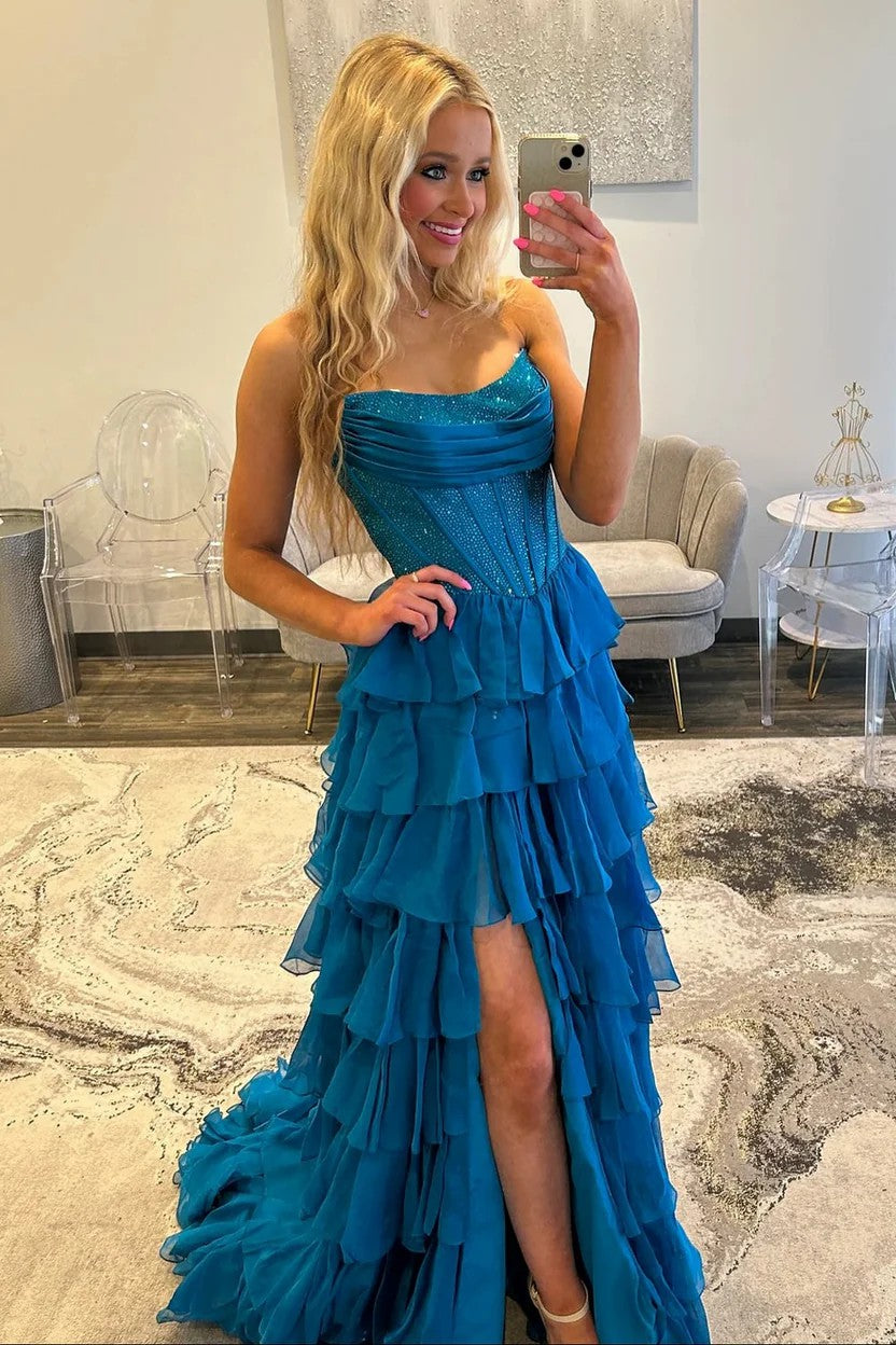 Lumidress A-Line Scoop Neck Tiered Chiffon Long Prom Dress for Formal Evening