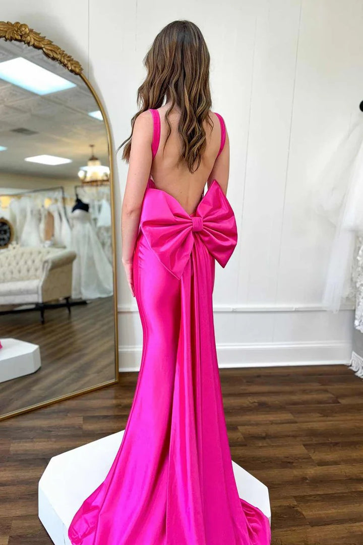 Lumidress Fuchsia Satin Mermaid Prom Gown with Statement Bow Back