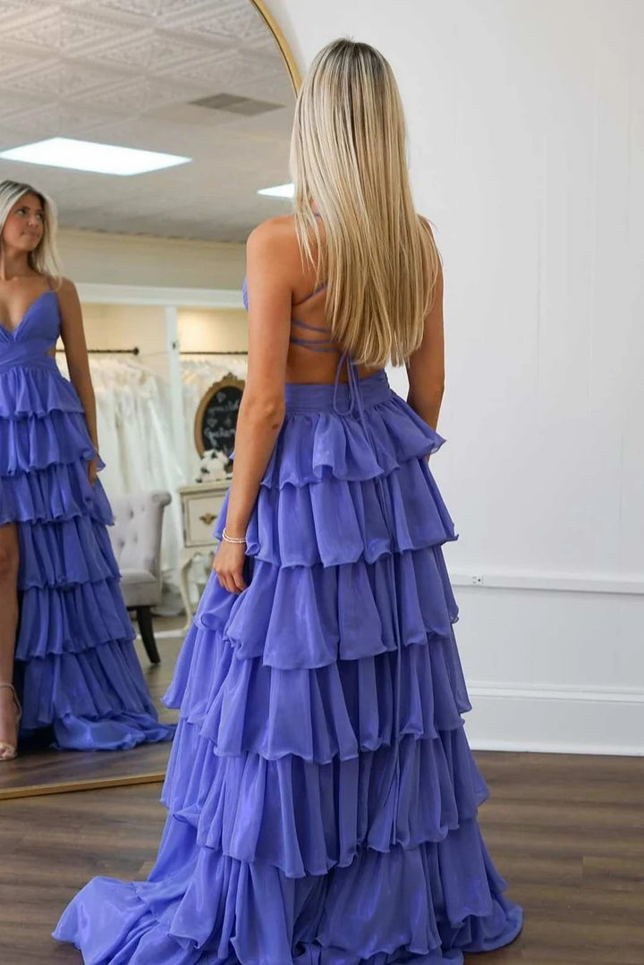 Lumidress Lavender Tiered Ruffle V-Neck Long Prom Dress with Side Slit
