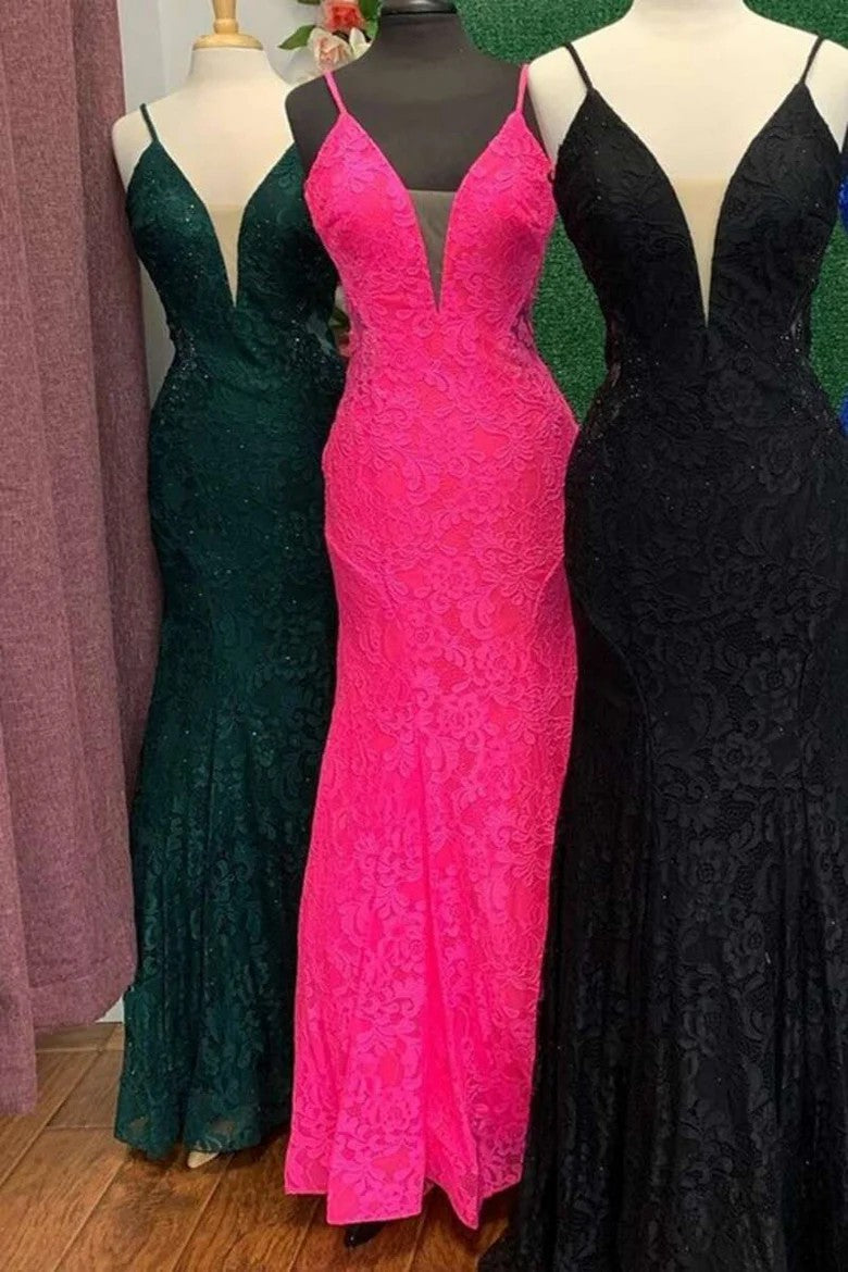 Lumidress Hot Pink Deep V-Neck Lace Mermaid Gown