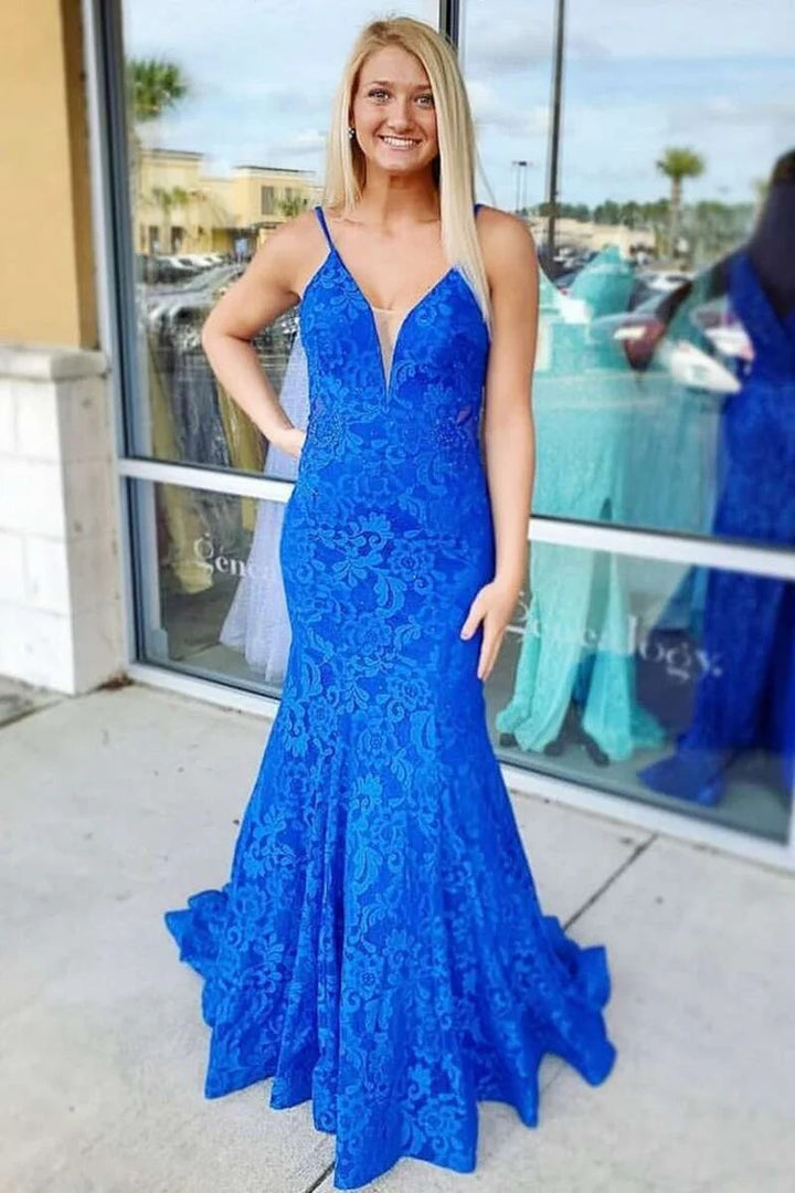 Lumidress Hot Pink Deep V-Neck Lace Mermaid Gown