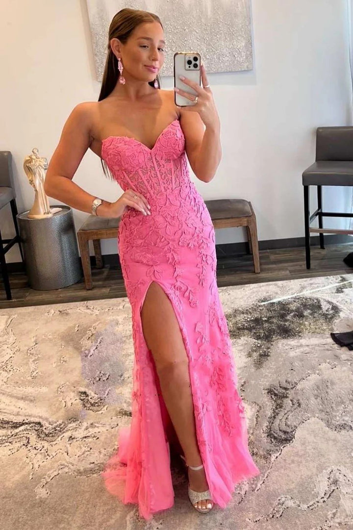 Lumidress Elegant Mermaid Strapless Prom Dress with Lace Appliques and Slit