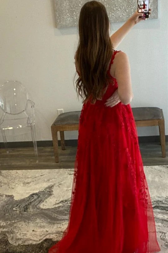 Lumidress Red Lace Applique Sleeveless Floor-Length Formal Dress with Slit