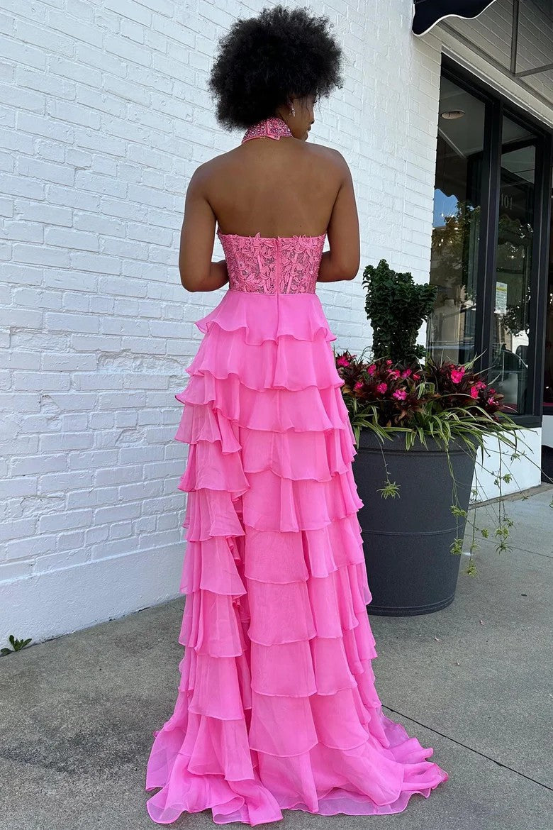 Lumidress Romantic Lavender Halter Neck Tiered Ruffle Long Chiffon Prom Dress