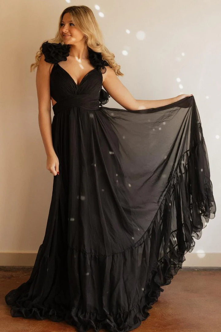 Lumidress V-Neck Ruffled Long Prom&Evening Dress with 3D Floral Shoulders