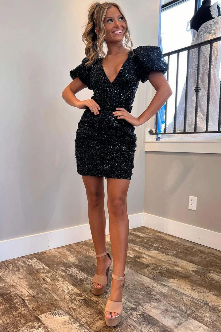 Lumidress Glamorous Black Sequin V-Neck Puff Sleeve Mini Homecoming Dress