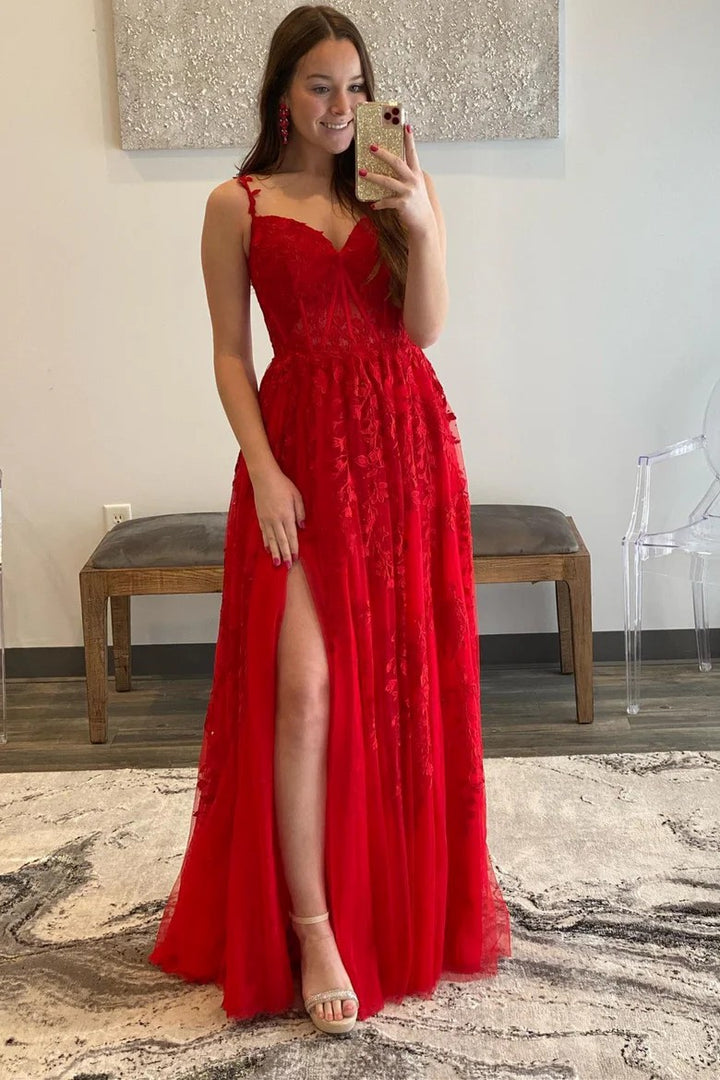 Lumidress Red Lace Applique Sleeveless Floor-Length Formal Dress with Slit