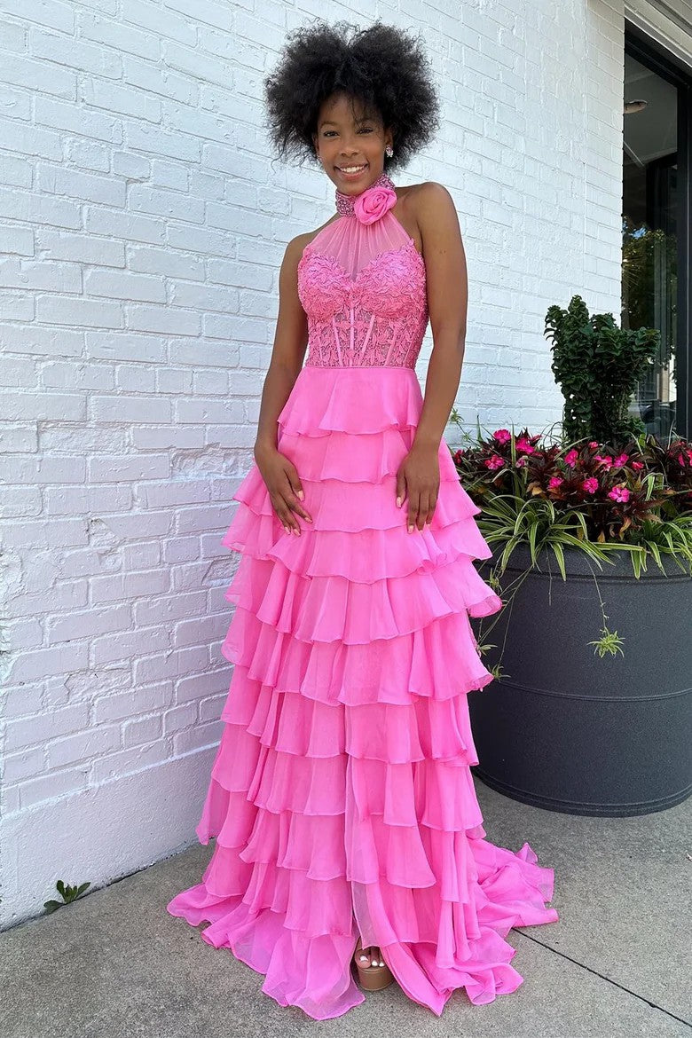 Lumidress Romantic Lavender Halter Neck Tiered Ruffle Long Chiffon Prom Dress