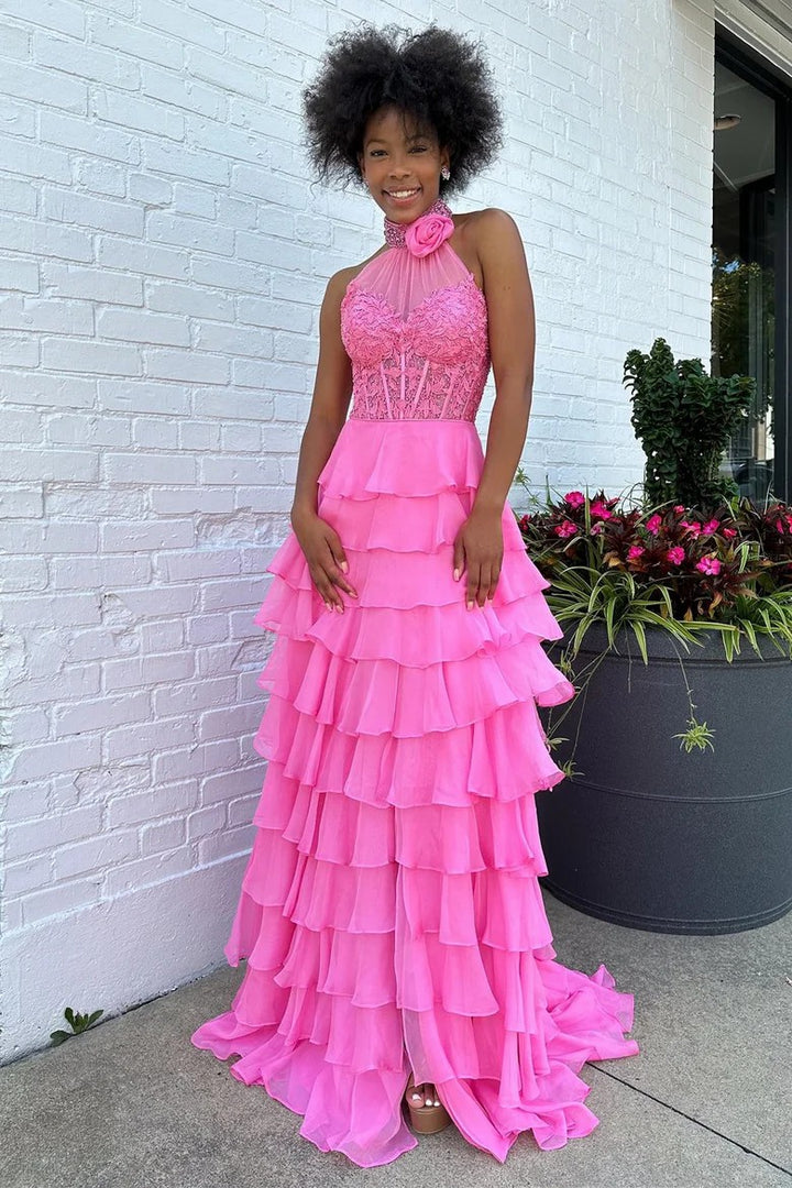 Lumidress Romantic Lavender Halter Neck Tiered Ruffle Long Chiffon Prom Dress