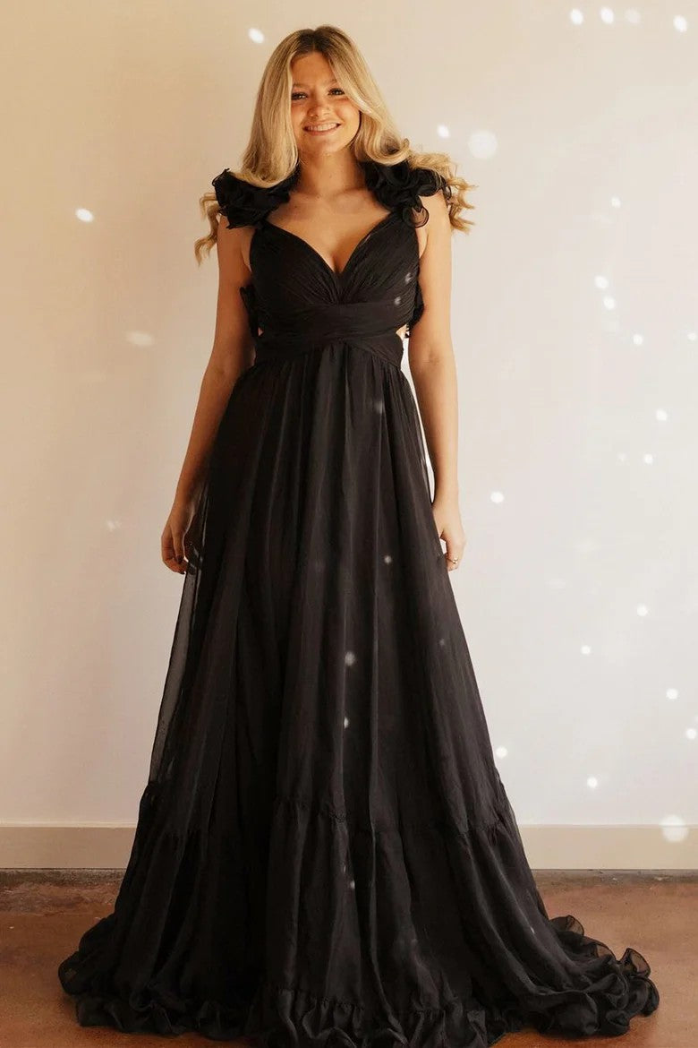 Lumidress V-Neck Ruffled Long Prom&Evening Dress with 3D Floral Shoulders