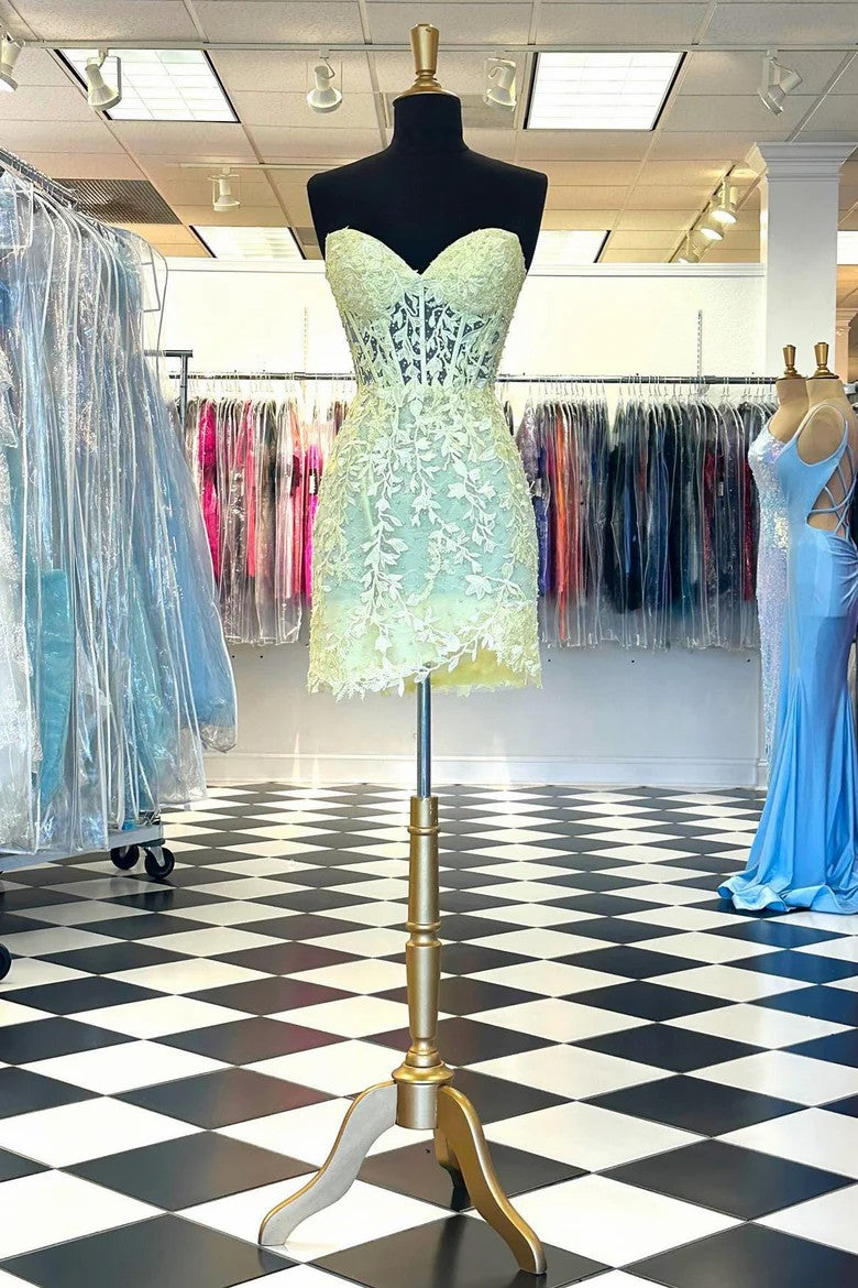 Lumidress Aqua Blue Sheer Corset Cocktail Dress with Applique Details