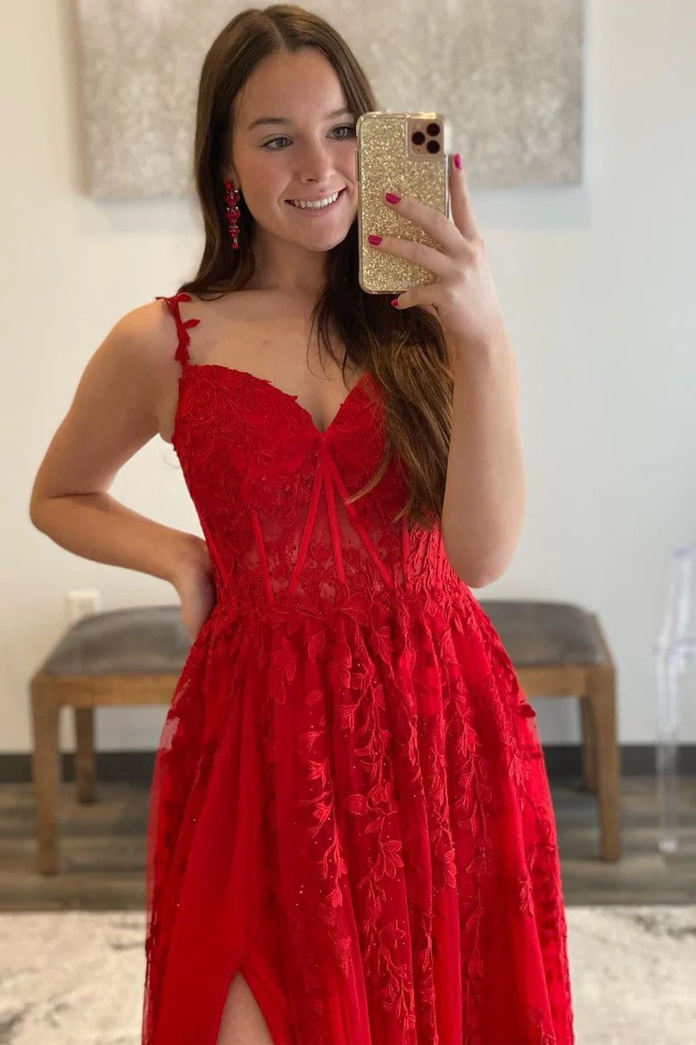 Lumidress Red Lace Applique Sleeveless Floor-Length Formal Dress with Slit