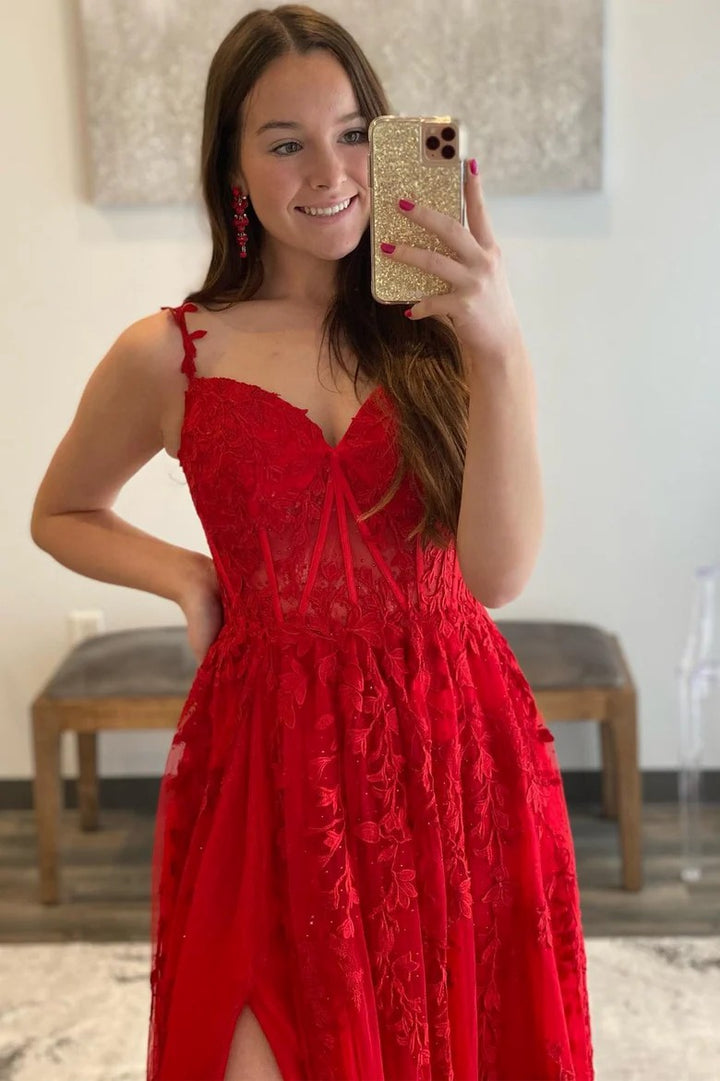 Lumidress Red Lace Applique Sleeveless Floor-Length Formal Dress with Slit