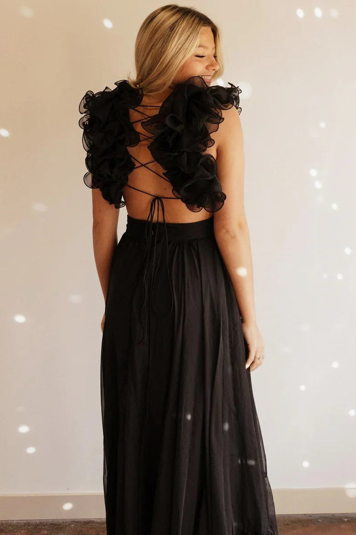 Lumidress V-Neck Ruffled Long Prom&Evening Dress with 3D Floral Shoulders