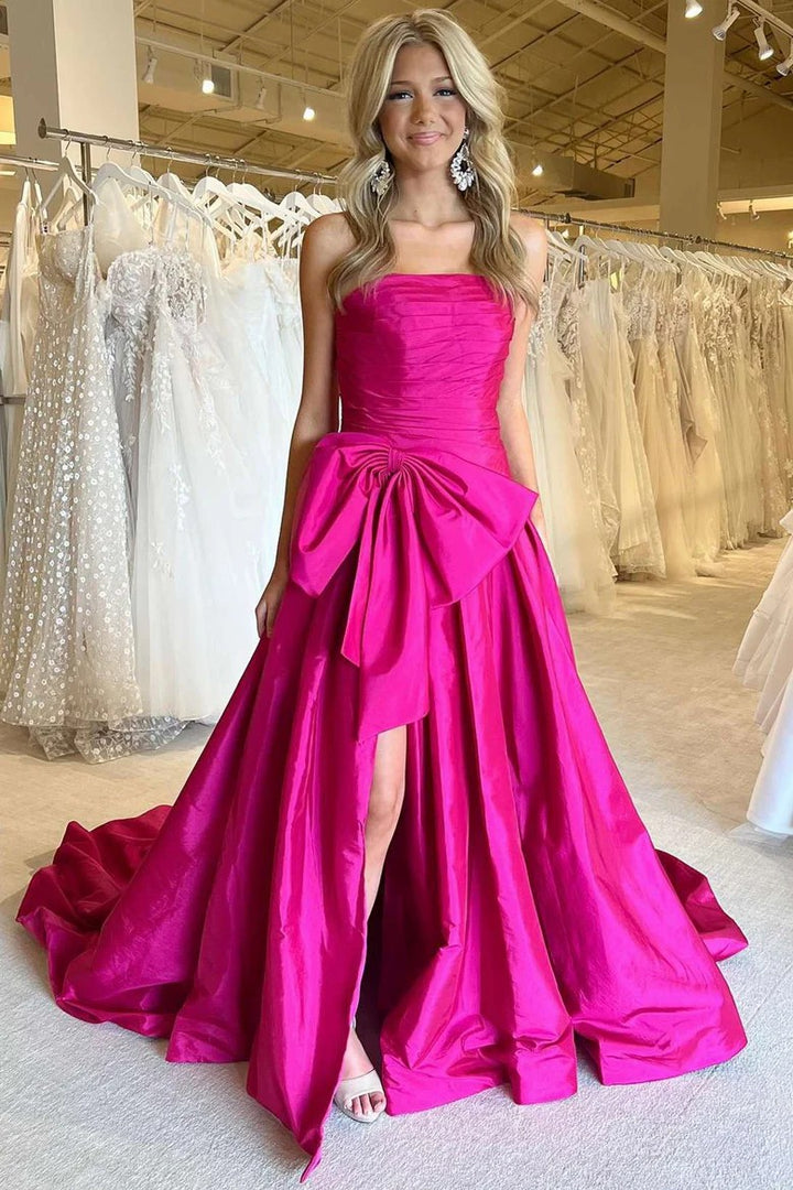 Lumidress Neon Pink Strapless Ball Gown Prom Dress with Bow and Slit