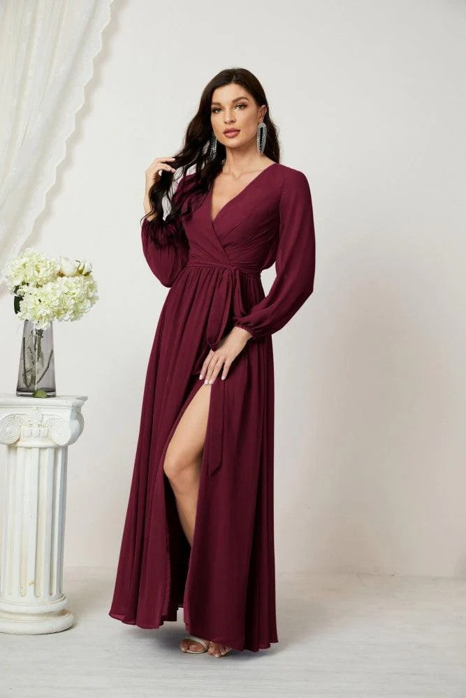 Lumidress Deep V-Neck Chiffon Evening Dress with Bishop Sleeves &amp; Side Slit