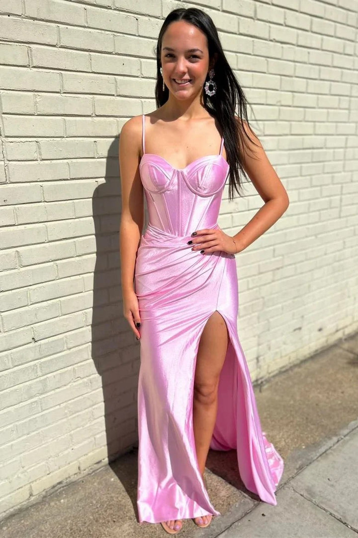 Lumidress Glamorous Pink Mermaid Formal Dress with Corset Bodice and Side Slit