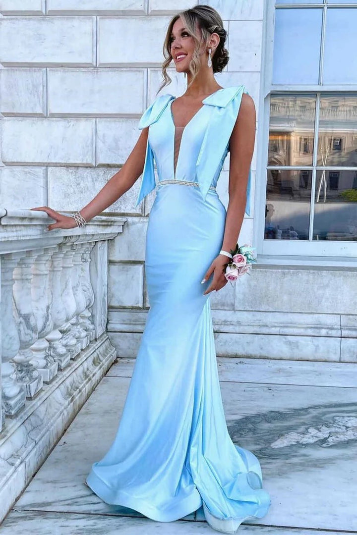 Lumidress Light Blue Deep V-Neck Sleeveless Mermaid Long Formal Dress