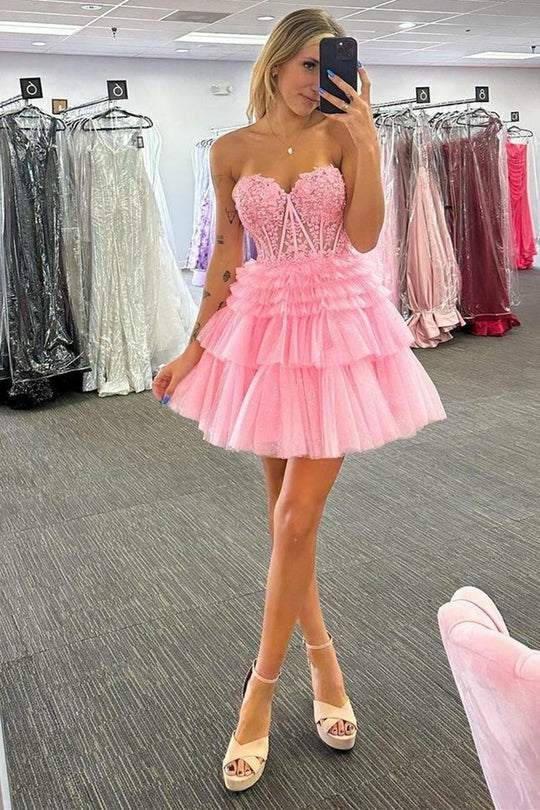 Lumidress Romantic Strapless Sweetheart Tulle Mini Homecoming Dress with Tiered Ruffles