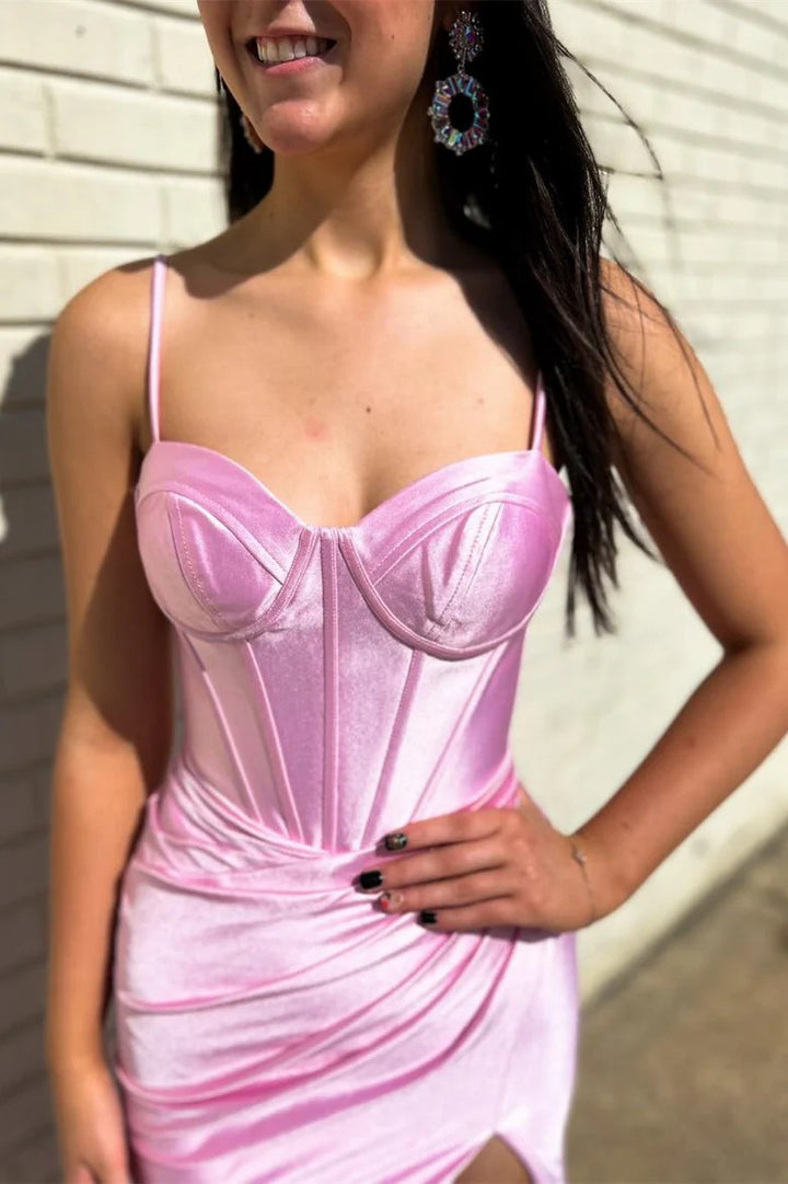 Lumidress Glamorous Pink Mermaid Formal Dress with Corset Bodice and Side Slit