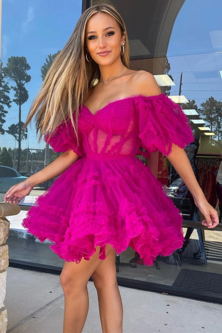 Lumidress Pink Off-the-Shoulder Puffy Tulle Short Homecoming Dress