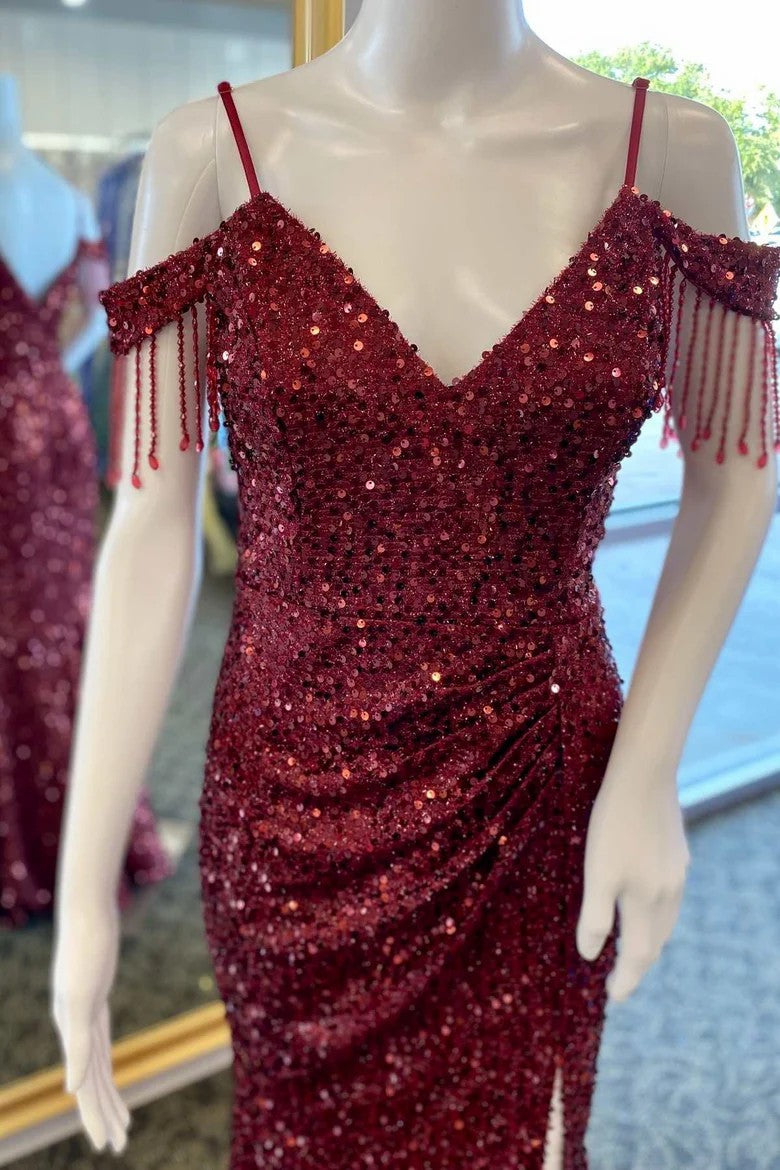 Lumidress Royal Blue Sequin Cold-Shoulder Long Prom Dress with Fringe &amp; Side Slit