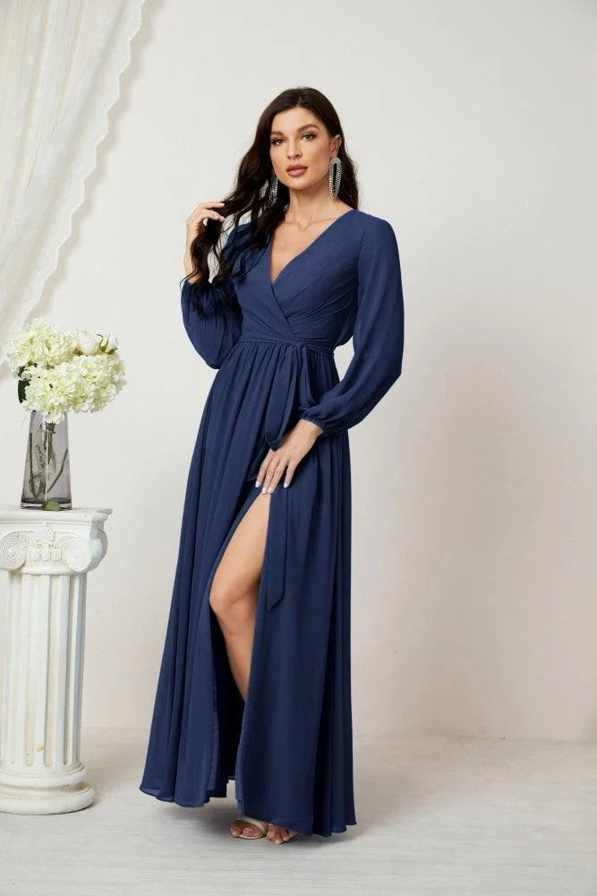 Lumidress Deep V-Neck Chiffon Evening Dress with Bishop Sleeves &amp; Side Slit