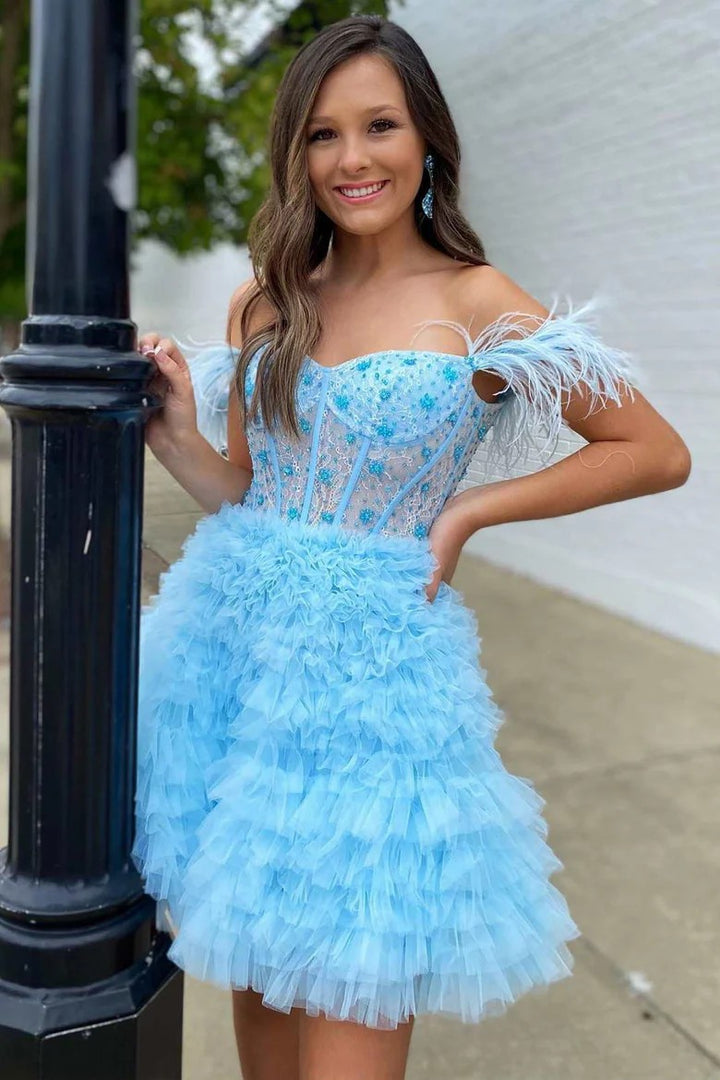 Lumidress Red Feather Sweetheart Tiered A-Line Mini Party Dress