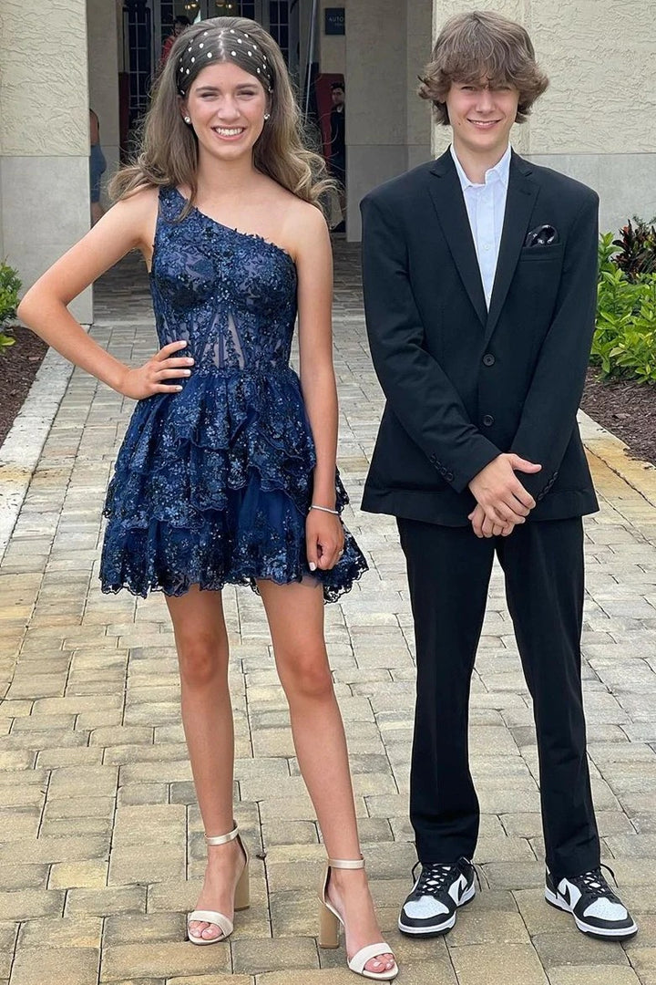 Lumidress One-Shoulder Sequin Embroidered Tiered A-Line Homecoming Dress