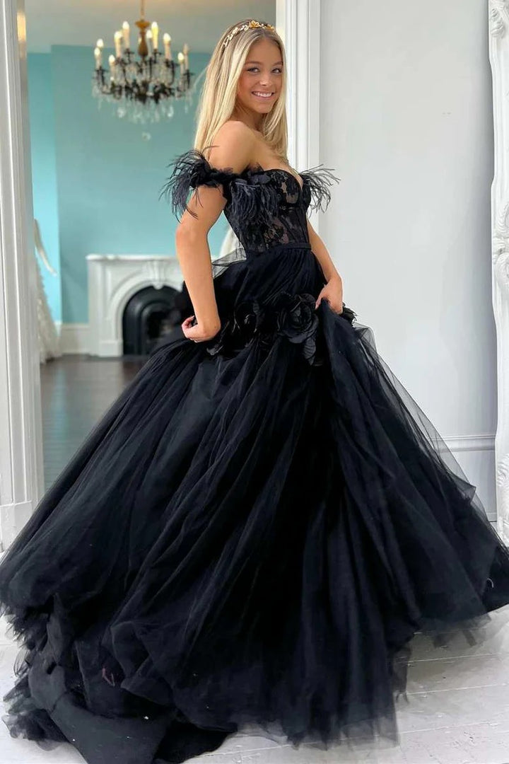 Lumidress Romantic Pink Tulle Ball Gown with Floral Appliques and Feather Straps