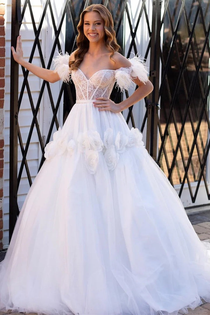 Lumidress Romantic Pink Tulle Ball Gown with Floral Appliques and Feather Straps