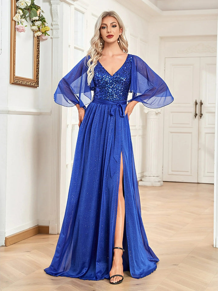 Lumidress V-Neck Glitter Sequin Chiffon Party Evening Wedding Guest Dresses for Women