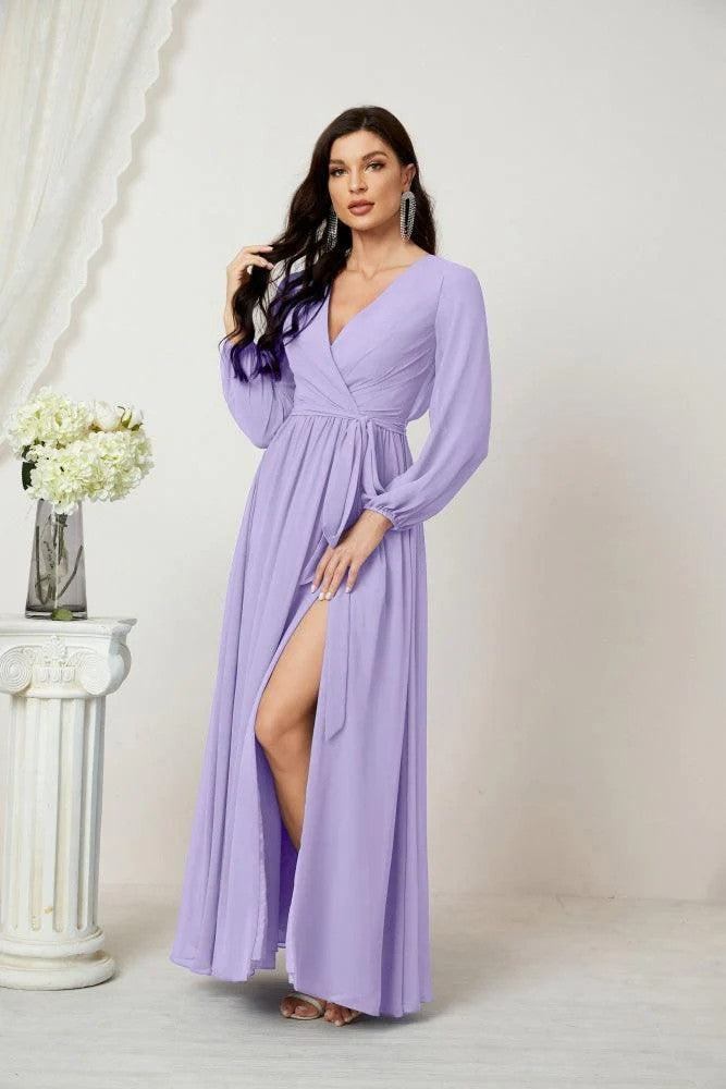 Lumidress Deep V-Neck Chiffon Evening Dress with Bishop Sleeves &amp; Side Slit