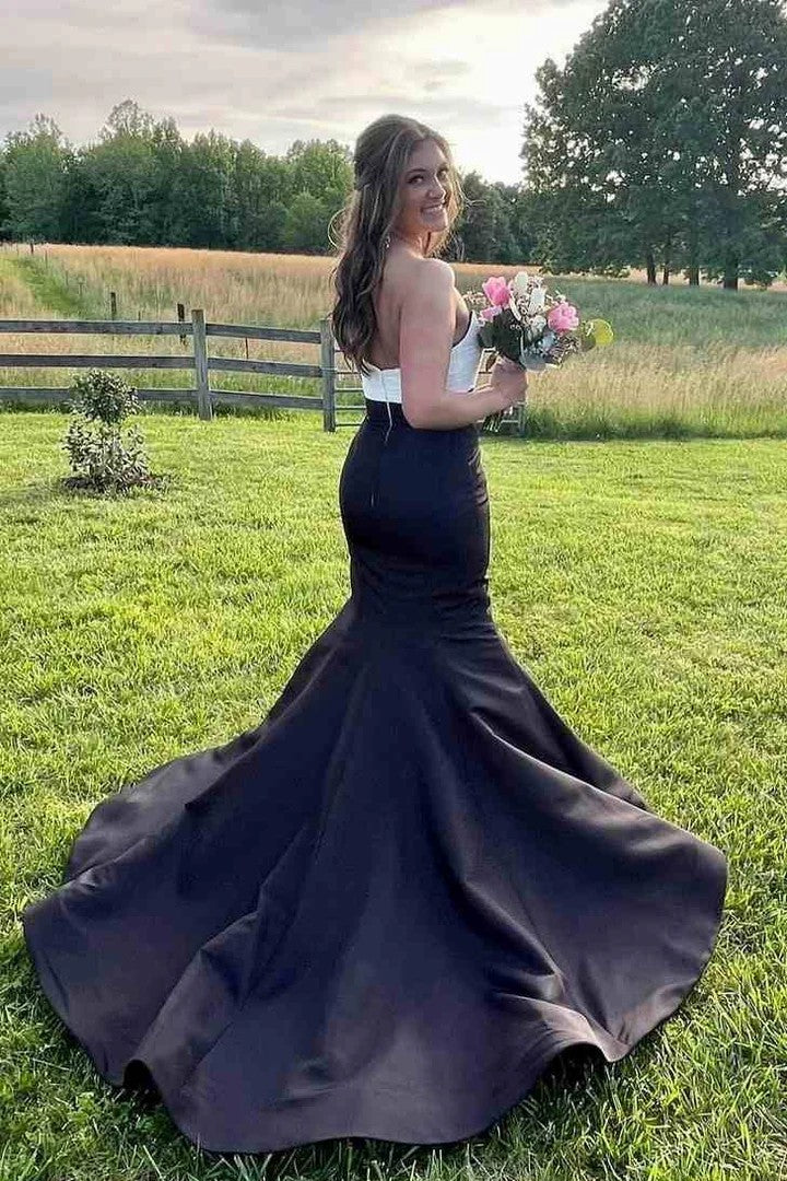 Lumidress Strapless Satin Mermaid Prom Dress with 3D Floral Detail and Train
