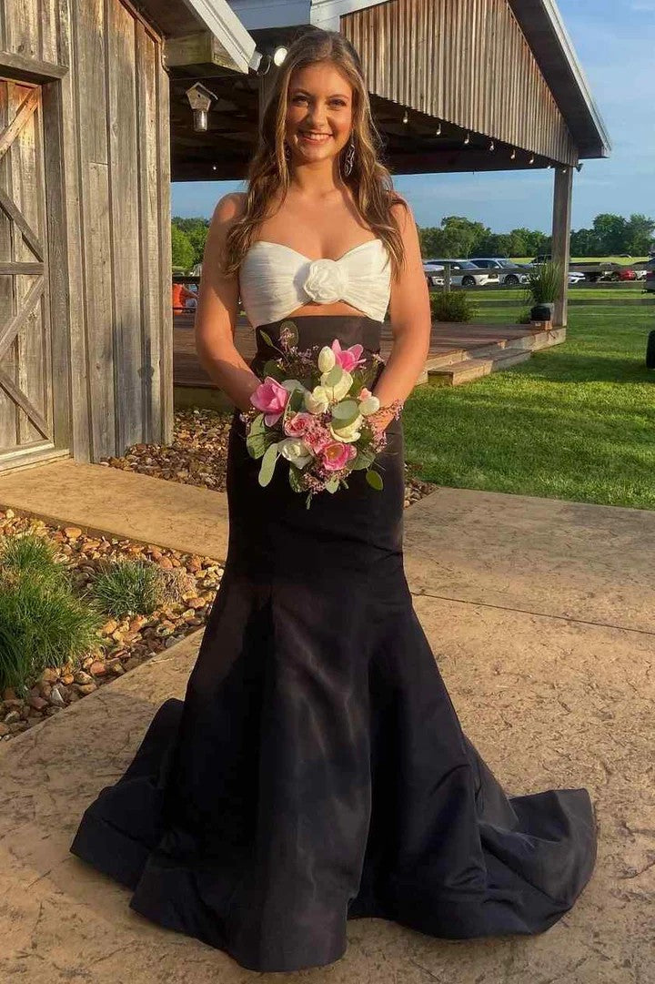 Lumidress Strapless Satin Mermaid Prom Dress with 3D Floral Detail and Train