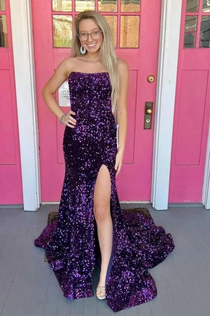 Lumidress Sparkling Burgundy Sequin Mermaid Strapless Prom Dress