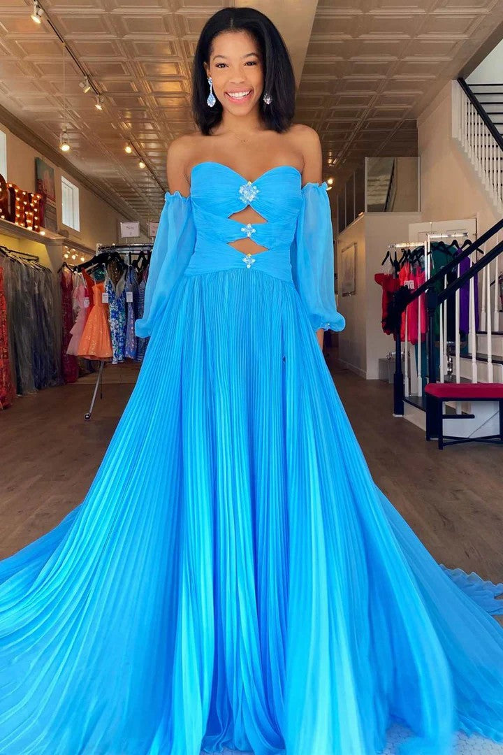 Lumidress Elegant Strapless Sweetheart Pleated Chiffon Prom Dress with Crystal Cutout Details