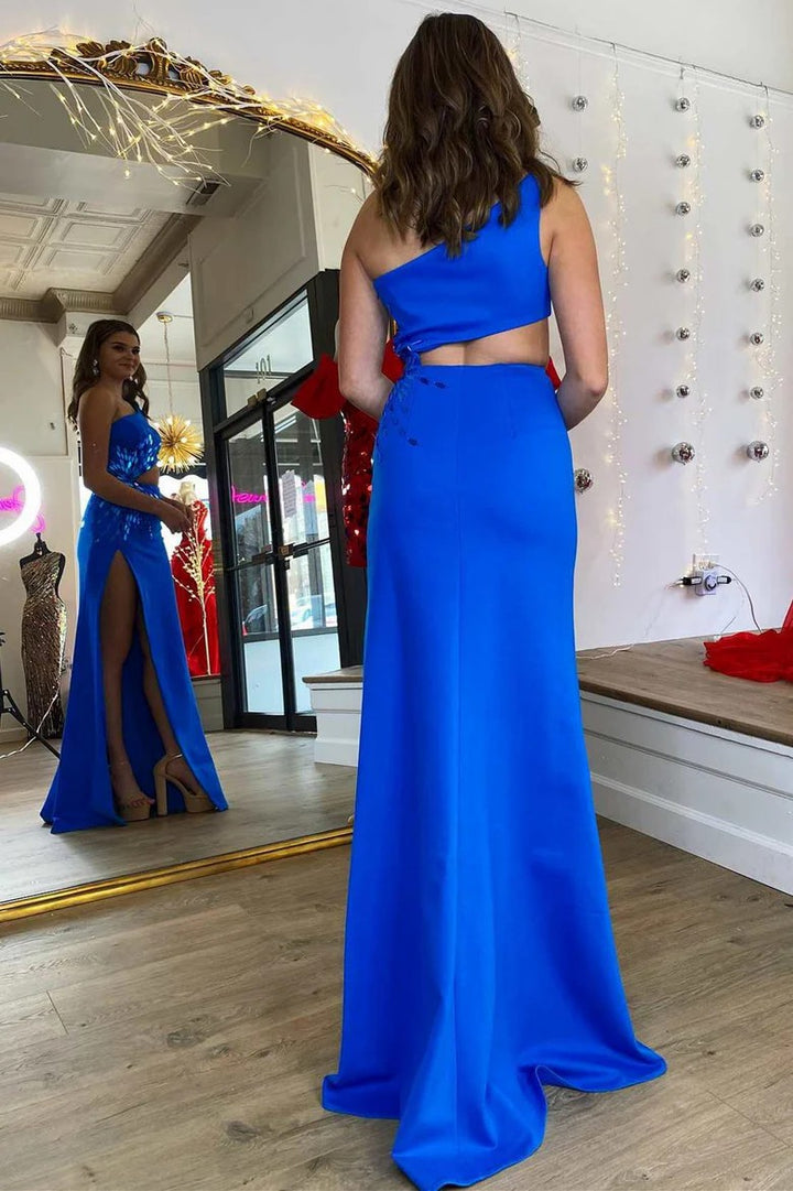 Lumidress Glamorous Royal Blue One-Shoulder Mirror Sequin Prom Dress with Slit