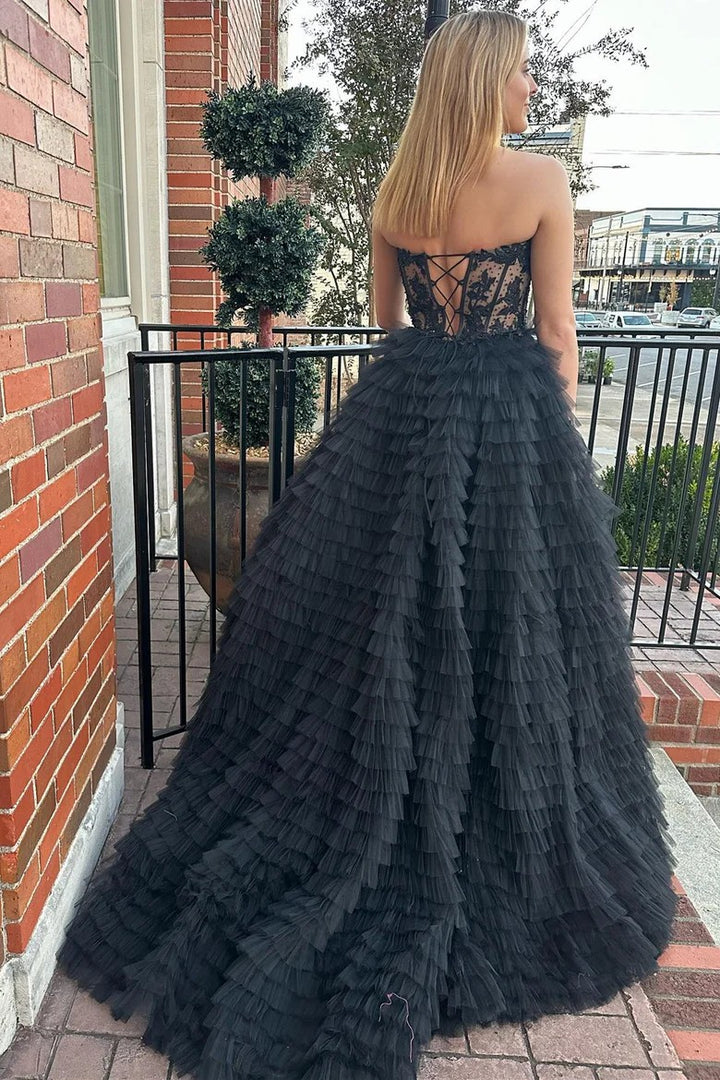 Lumidress Strapless Sweetheart Ruffled Tulle Evening Gown with Slit