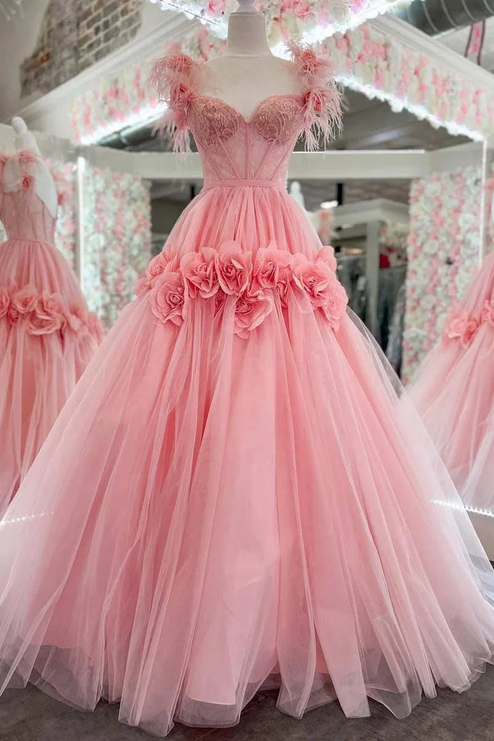 Lumidress Romantic Pink Tulle Ball Gown with Floral Appliques and Feather Straps