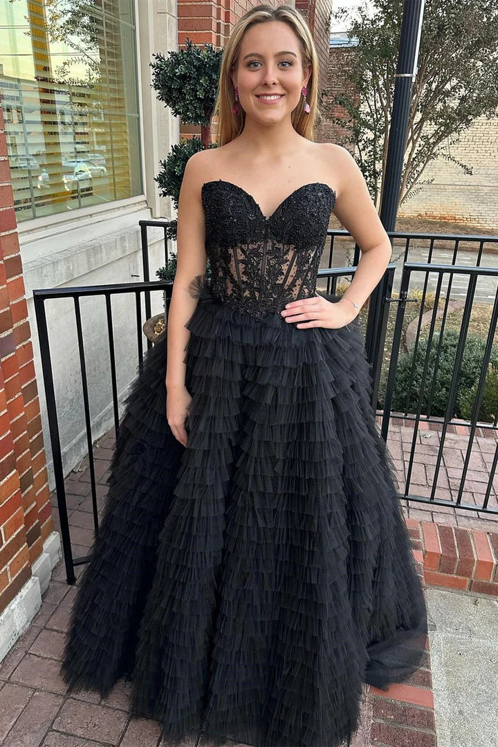 Lumidress Strapless Sweetheart Ruffled Tulle Evening Gown with Slit