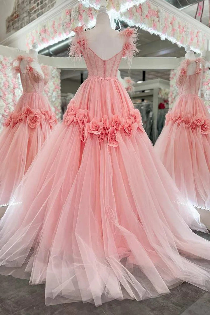 Lumidress Romantic Pink Tulle Ball Gown with Floral Appliques and Feather Straps