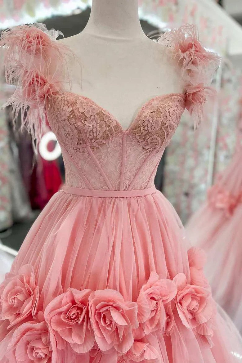 Lumidress Romantic Pink Tulle Ball Gown with Floral Appliques and Feather Straps