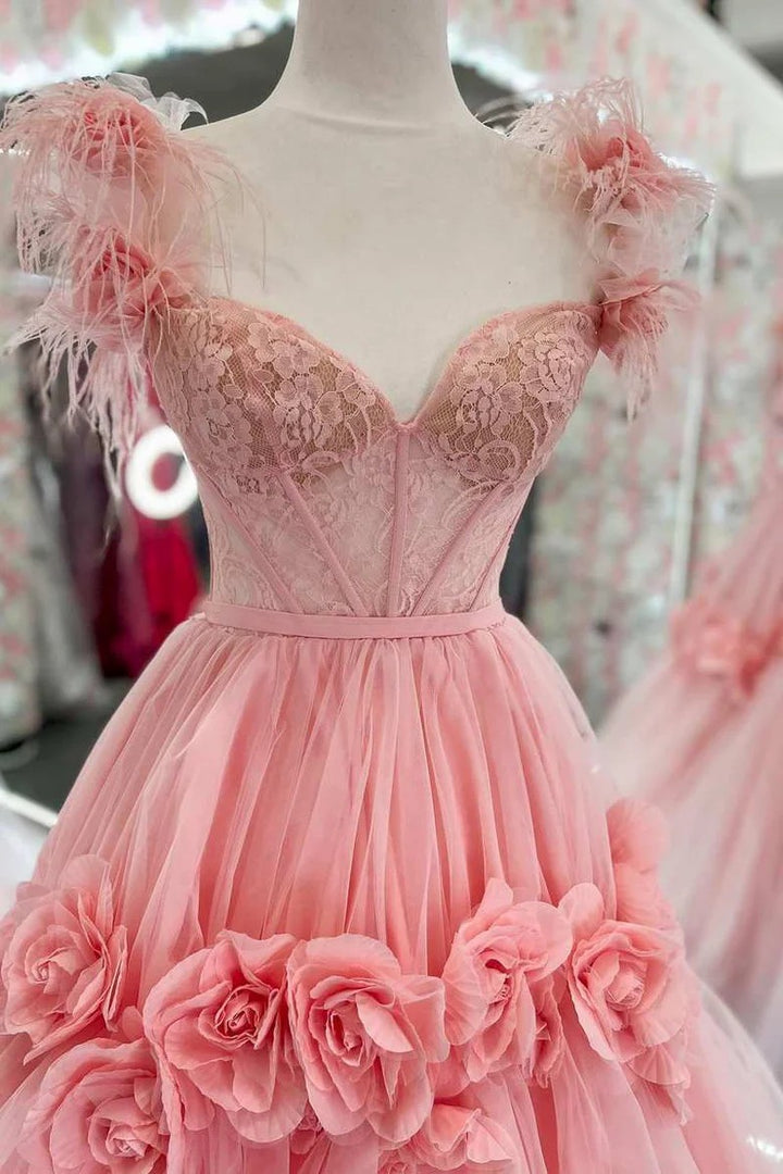 Lumidress Romantic Pink Tulle Ball Gown with Floral Appliques and Feather Straps