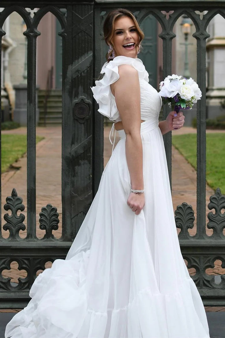 Lumidress V-Neck Ruffled Long Prom&Evening Dress with 3D Floral Shoulders