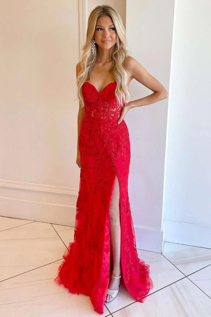 Lumidress Elegant Mermaid Strapless Prom Dress with Lace Appliques and Slit