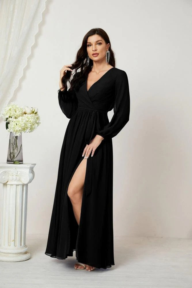 Lumidress Deep V-Neck Chiffon Evening Dress with Bishop Sleeves &amp; Side Slit
