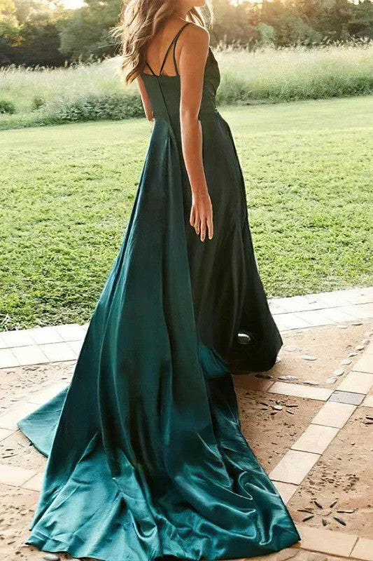 Lumidress Elegant Spaghetti Strap V-Neck Satin A-Line Long Prom Dress with Slit
